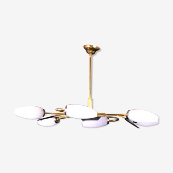 Mid-Century Lunel Brass Chandelier and Six Opalines Shades, France