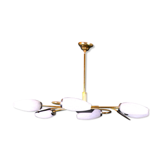 Mid-Century Lunel Brass Chandelier and Six Opalines Shades, France