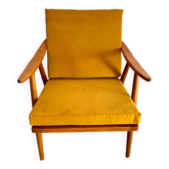 Old Thonet design Boomerang armchair in mustard yellow fabric and wood 1960s vintage