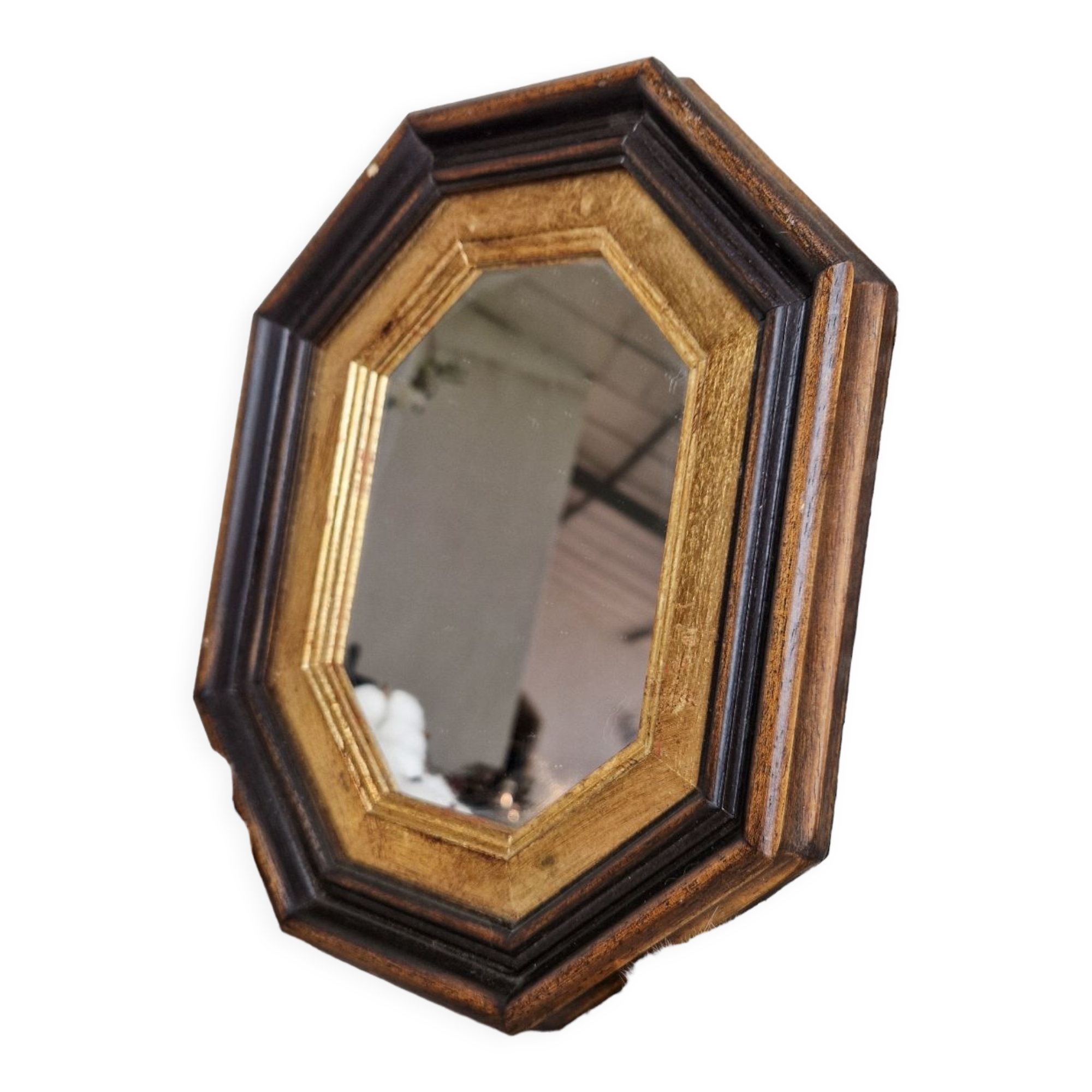 Miroir ancien en bois octogonal noir et doré