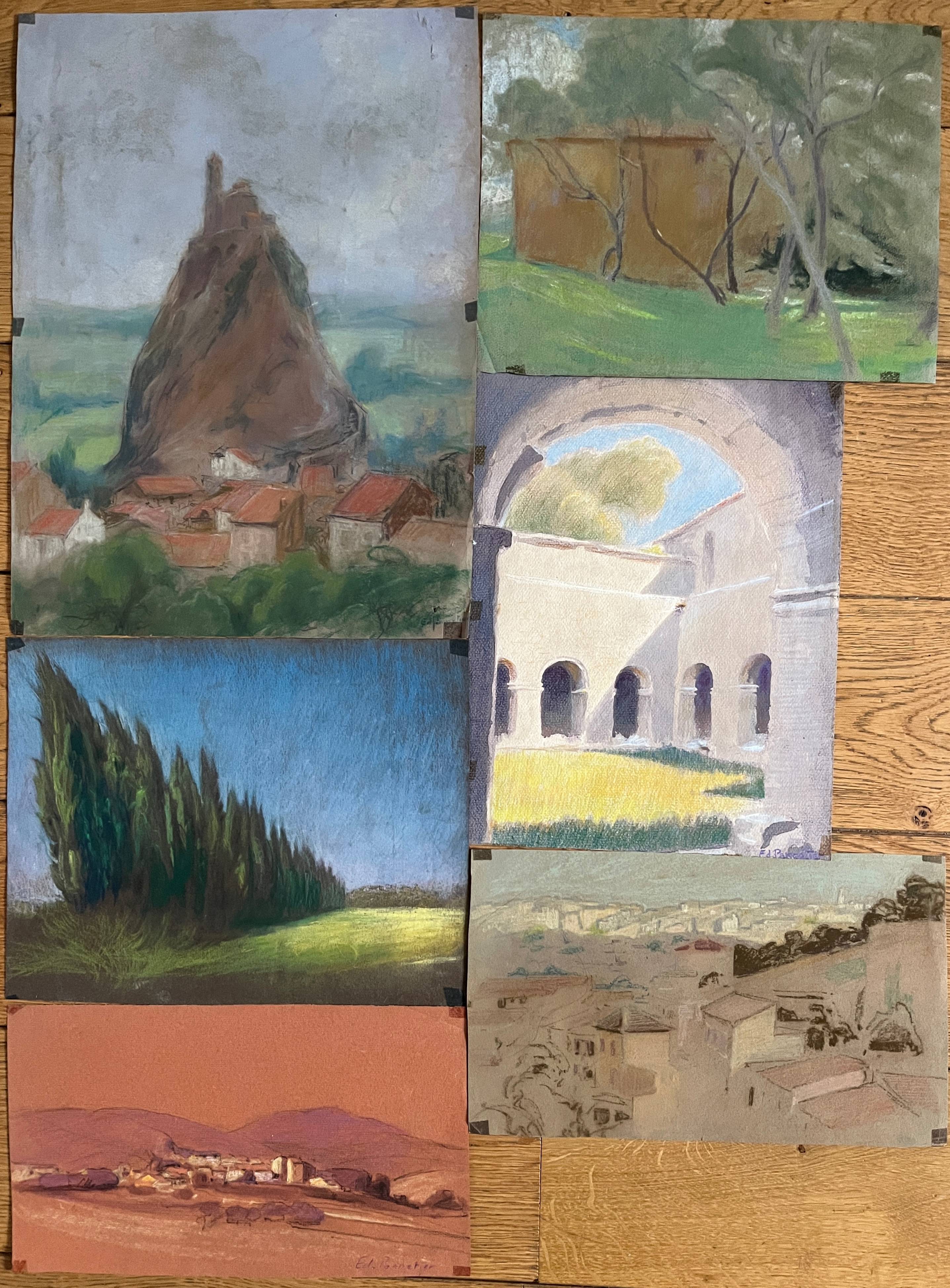 Paintings set of 6 drawings by Ed. Pannetier (1884-1965) Provence Côte d'Azur