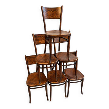6 chaises anciennes Jacob & Josef Kohn – Vienne – Bois courbé décoré – Styl