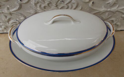 Vegetable and its dish Limoges porcelain blue and gold fillet