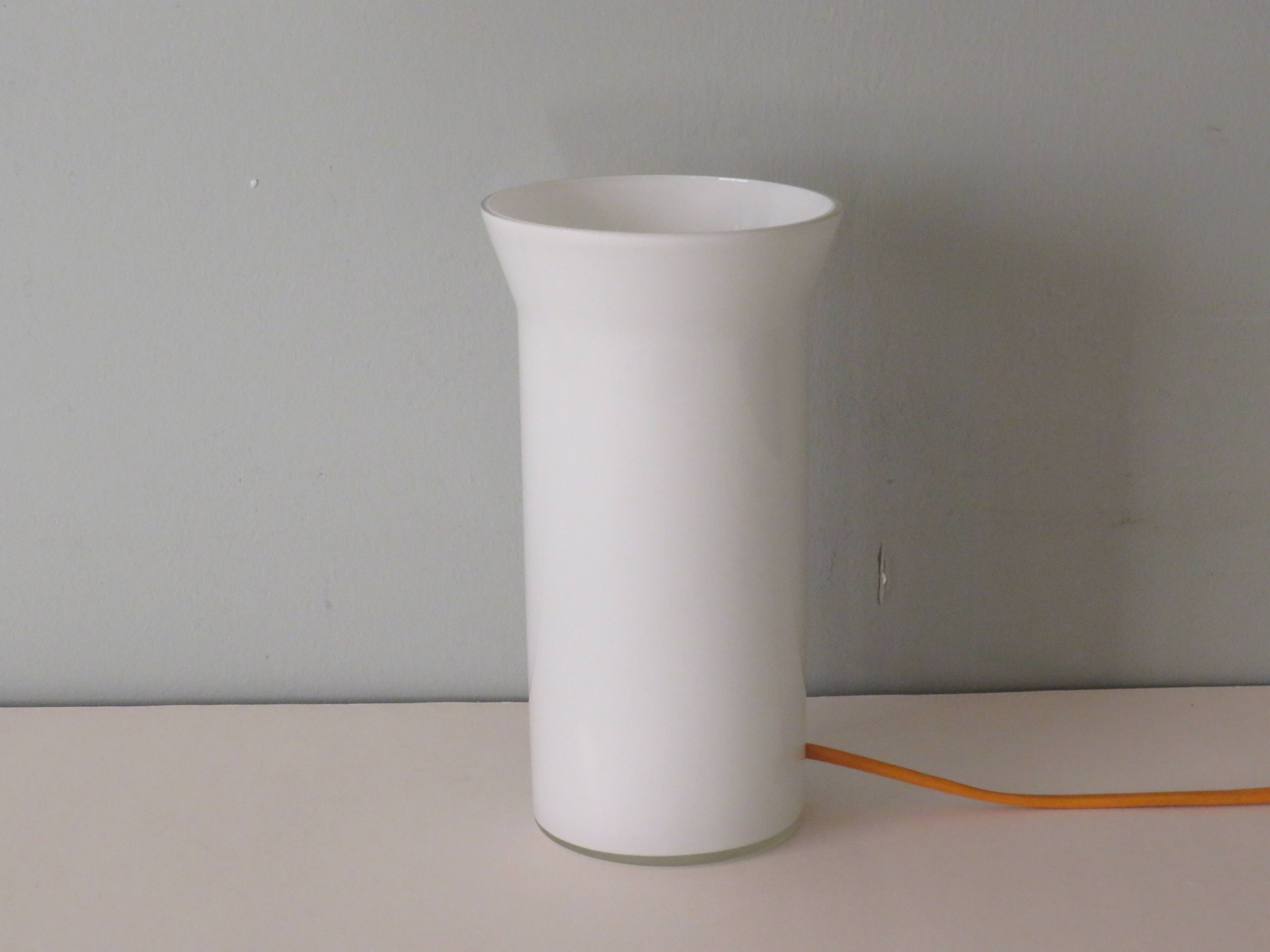 Memphis style white opaline cylindrical table lamp, 1970-1980