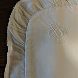 White cotton cushion or pillow case embroidered monogram and ruffle