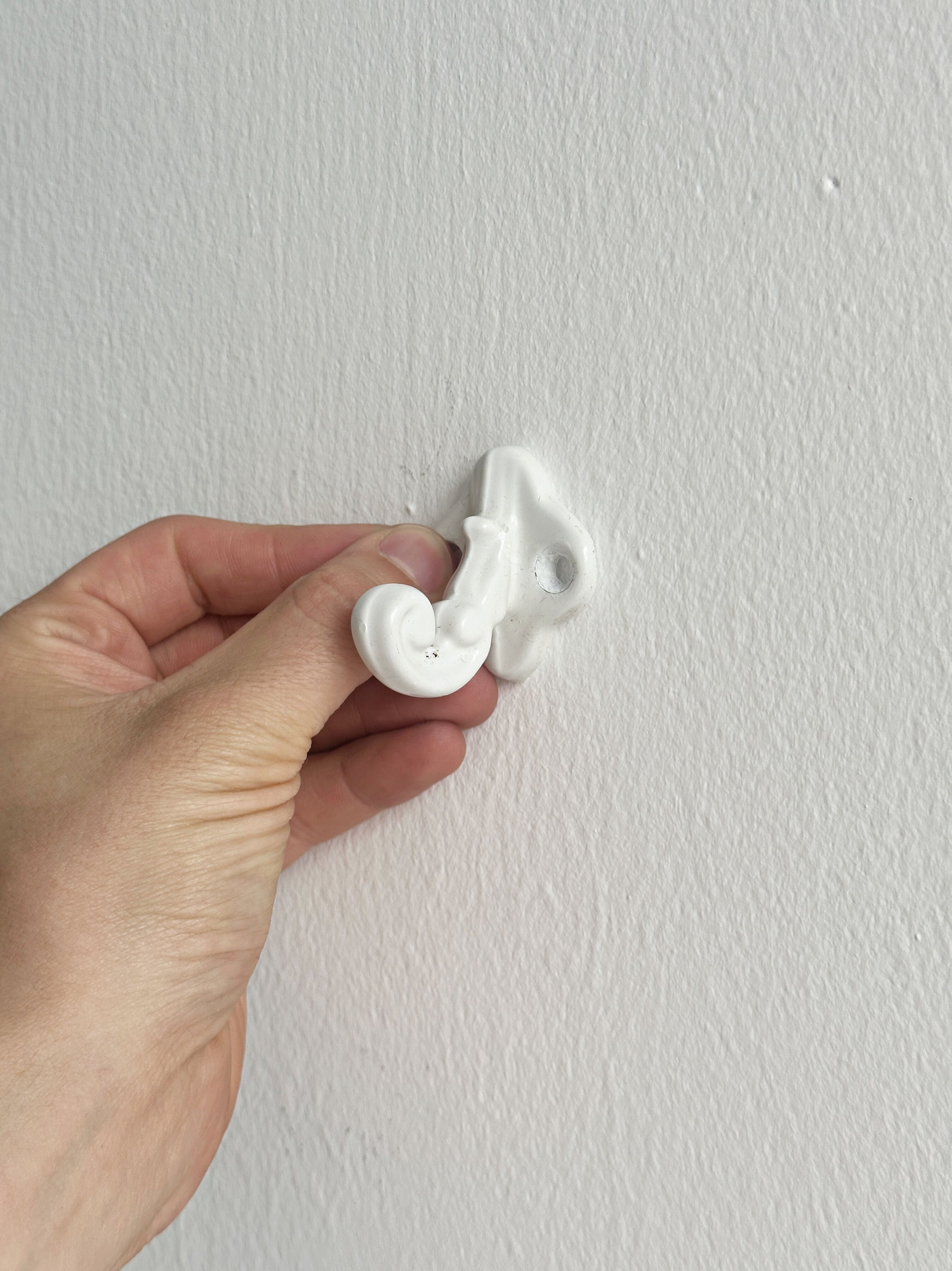 Bathroom décor, hooks, soap dish, white metal hangers.