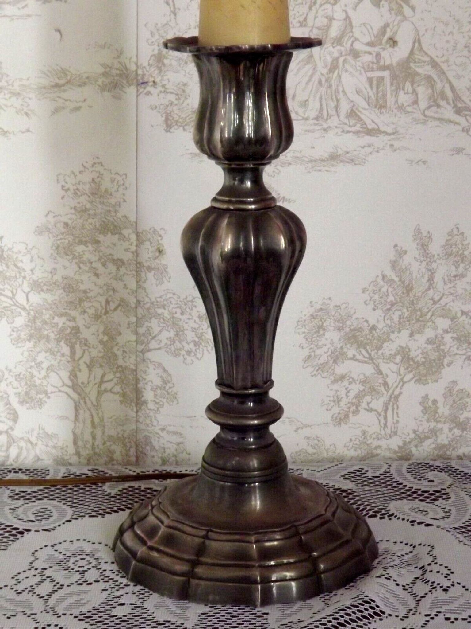 French vintage heavy silver metal table lamp with candle drip detail 4155