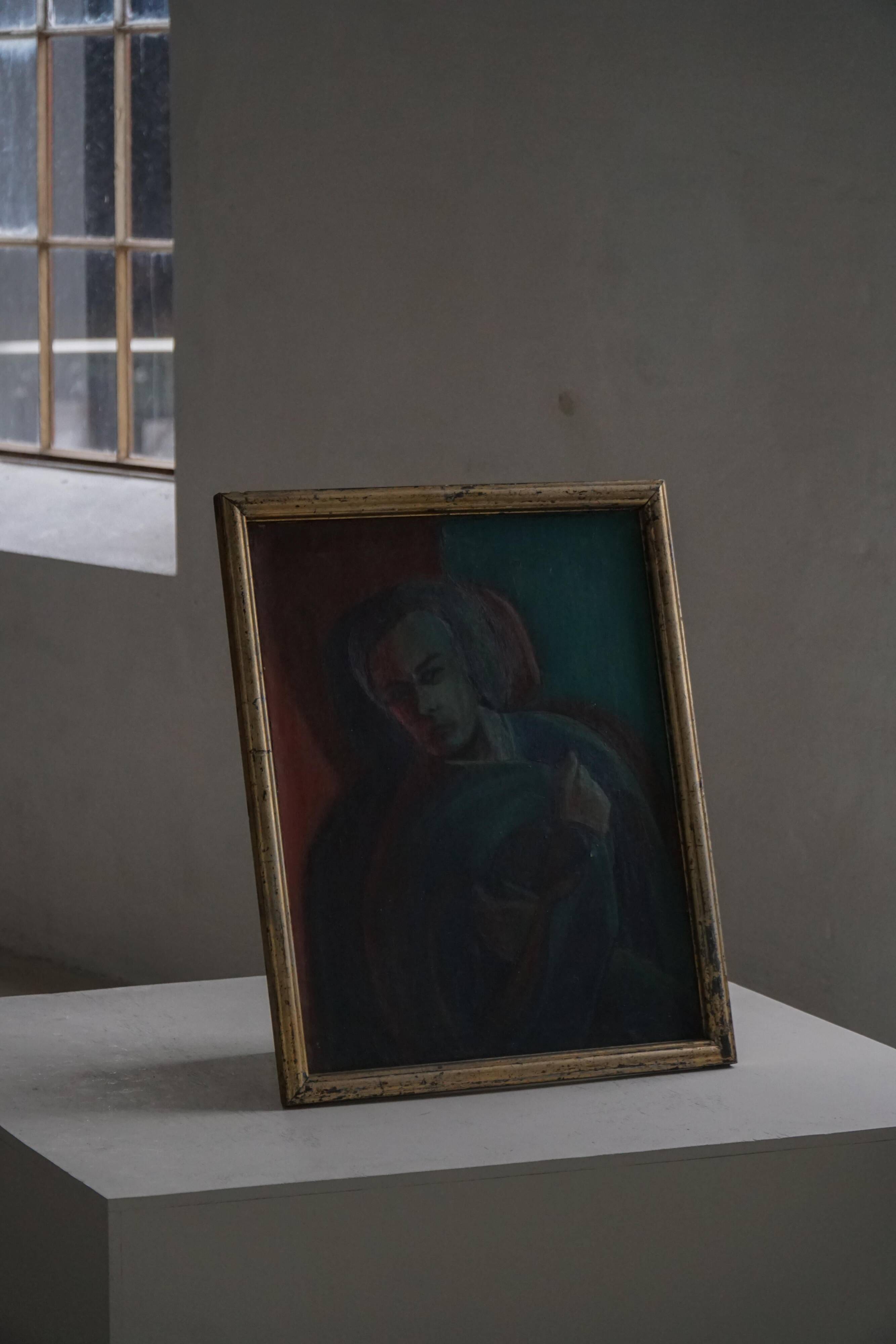 Oil portrait painting on canvas, unknown Danish artist, early 20th century.