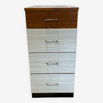 Chiffonnier vintage en formica blanc et marron avec 4 tiroirs profonds