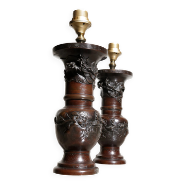 Set of 19th-century Japanese vase lamps with dragons and birds
