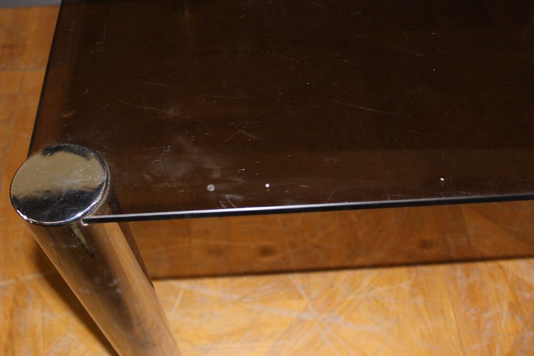 Chrome dining table and 1970 grey smoked glass