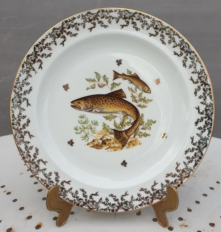 Set 12 plates porcelain gold fine fish fern limousine de Chastagner
