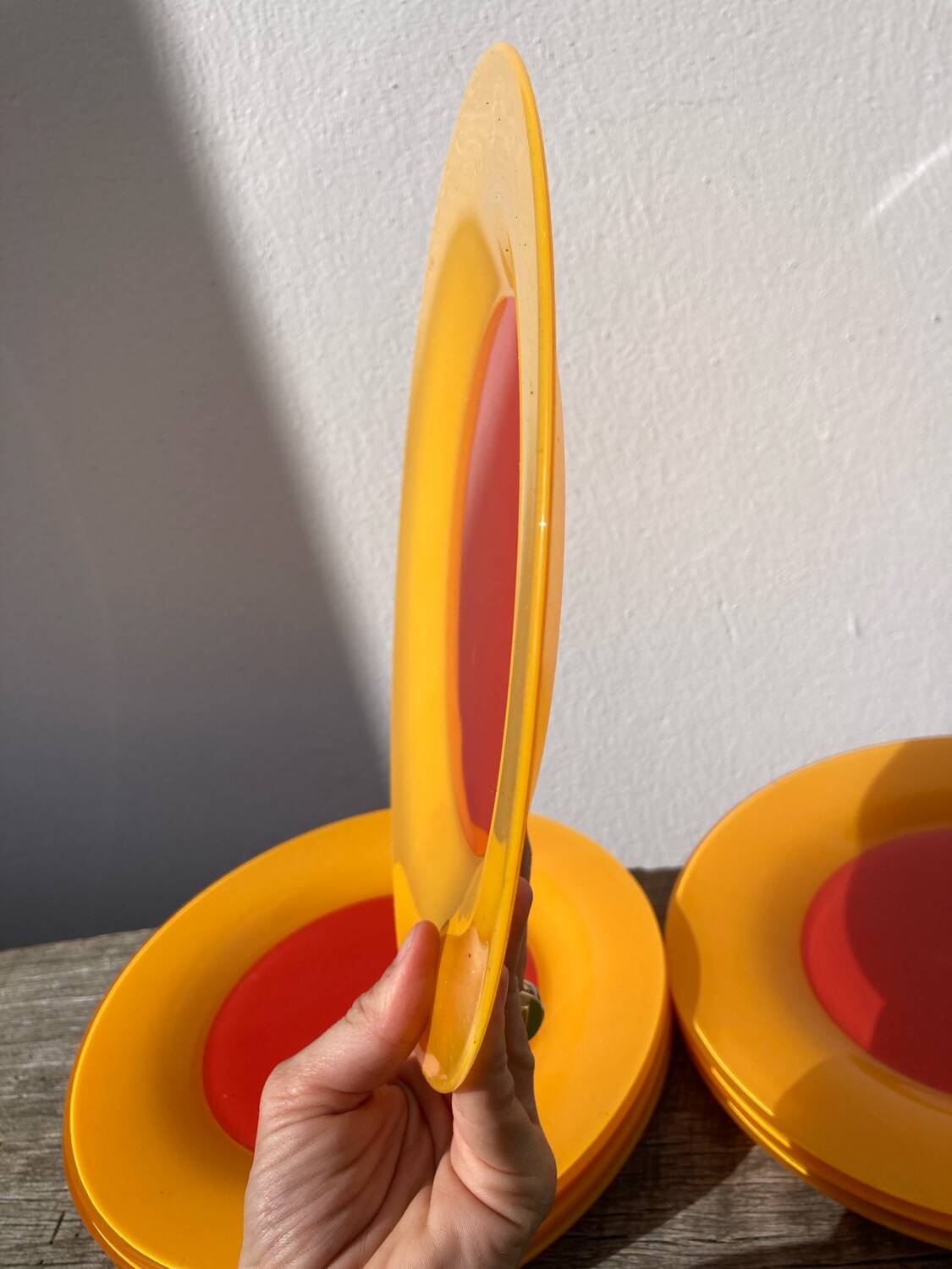 10 yellow and orange glass dinner plates