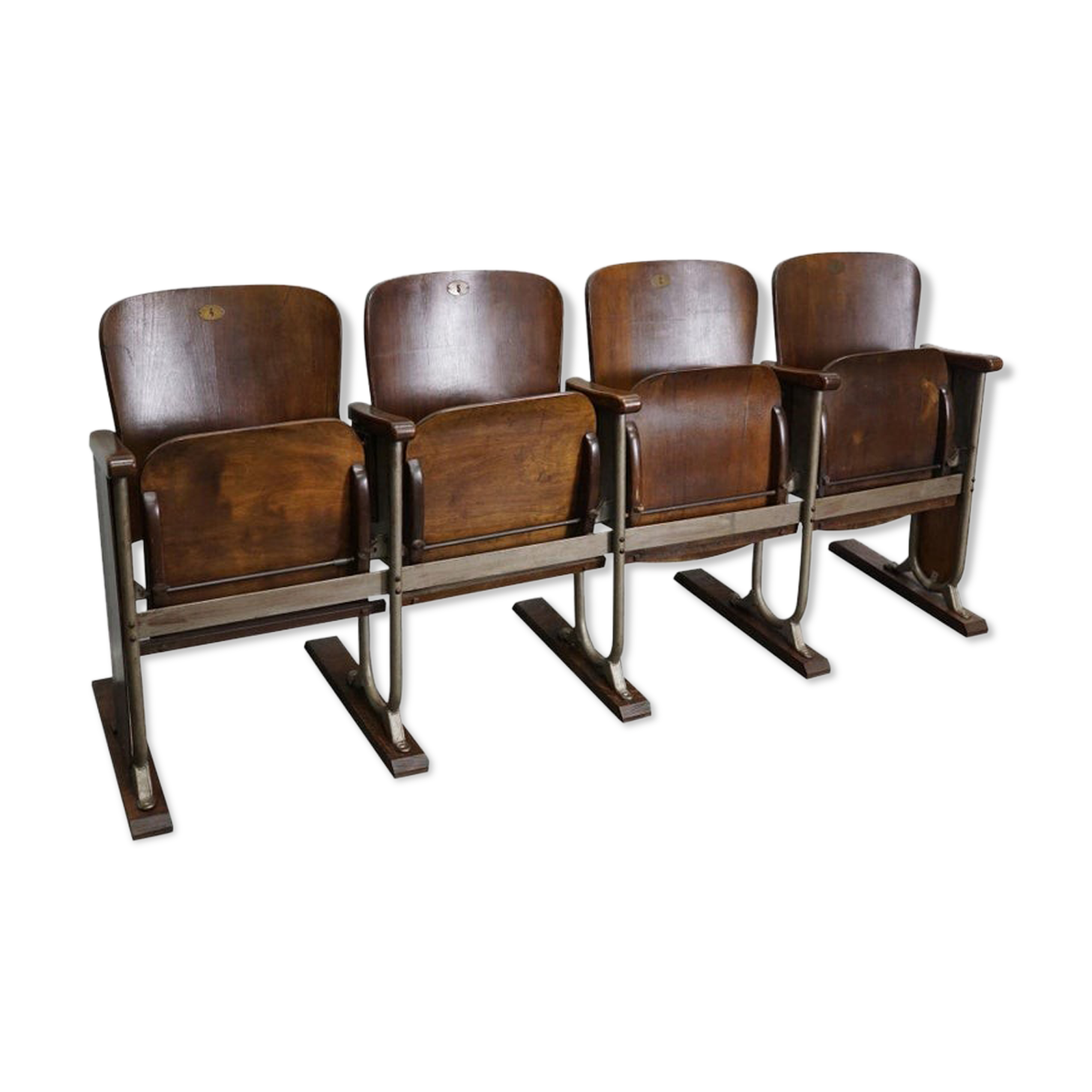 Vintage 4-seater cinema bench in metal and wood, Netherlands, 1930s