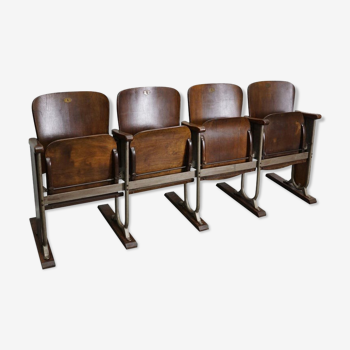 Vintage 4-seater cinema bench in metal and wood, Netherlands, 1930s