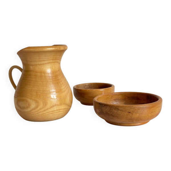 Ensemble pichet et 2 pots en bois tourné vintage