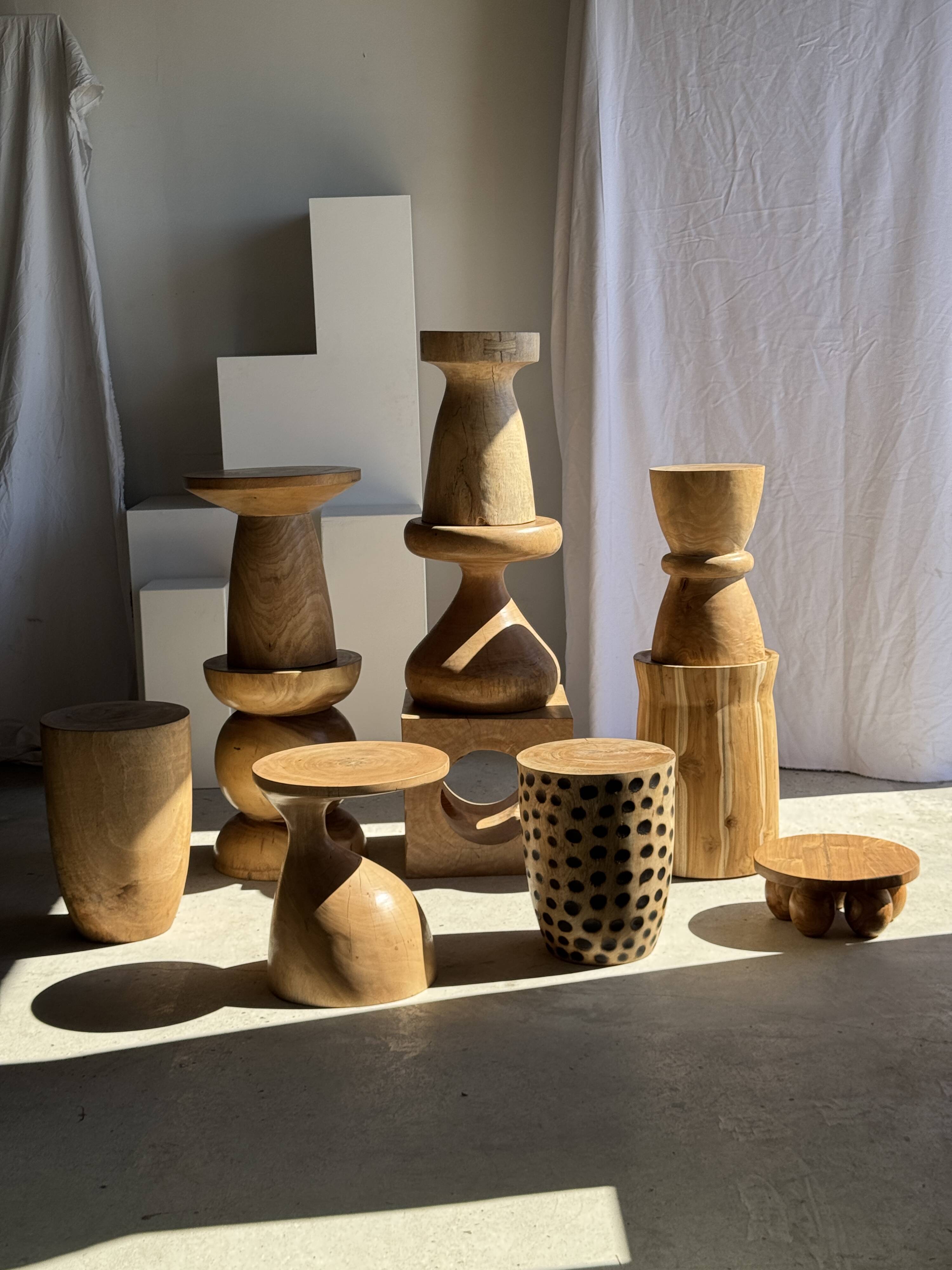 Stool, side table, cylindrical solid mango wood end table.