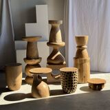 Stool, side table, cylindrical solid mango wood end table.