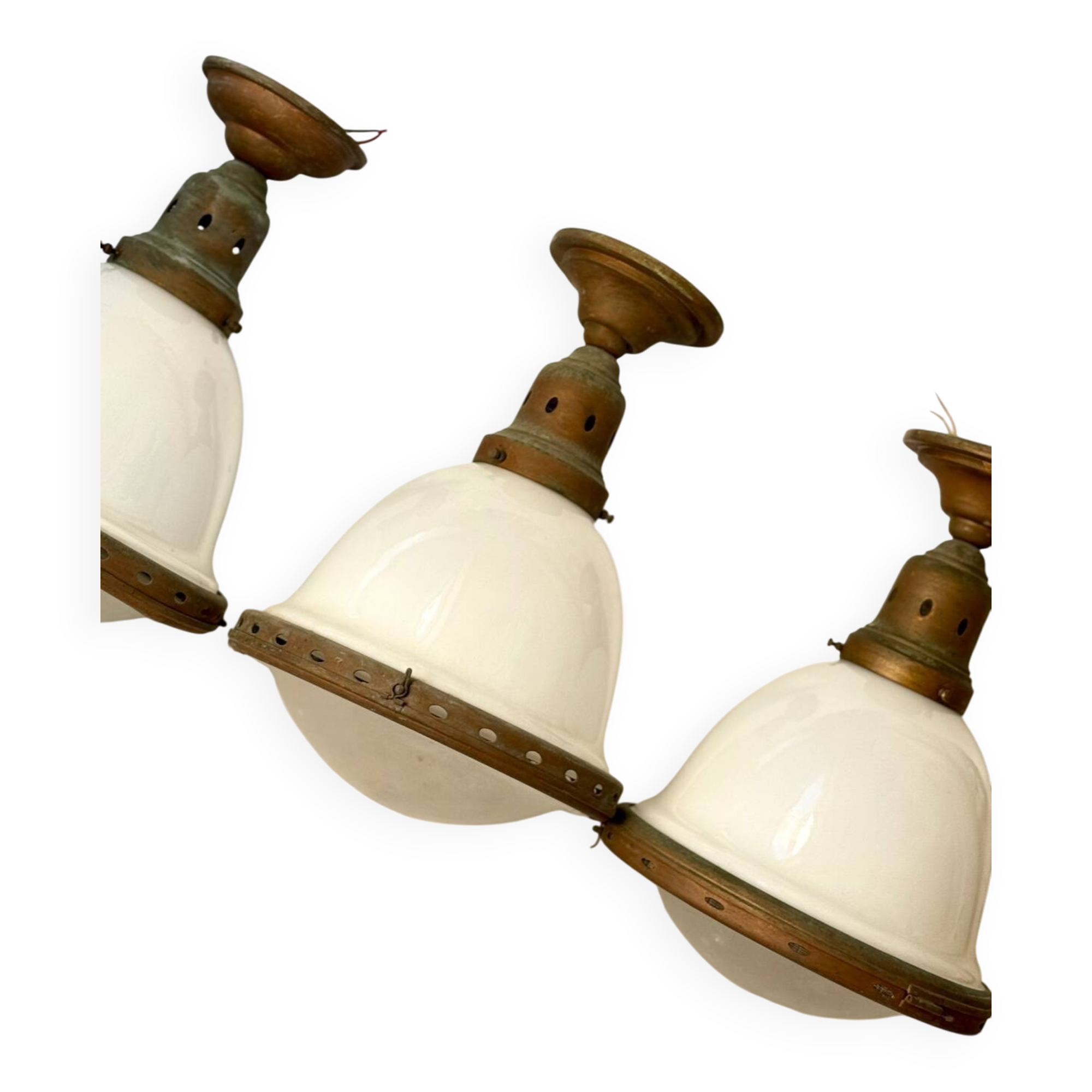 Bauhaus Art Deco Suspension Set in Opaline Glass and Brass 1930