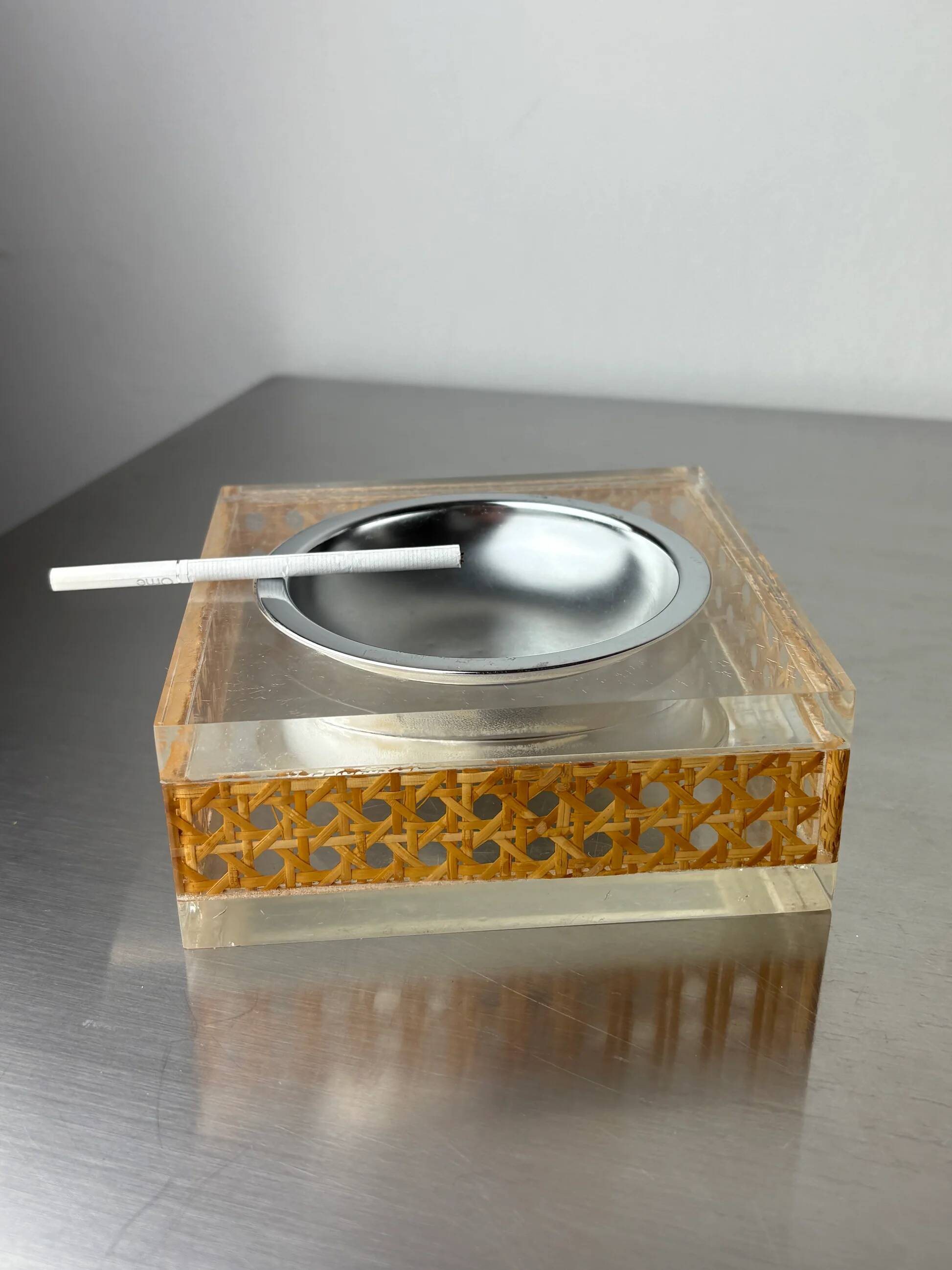 Christian Dior style lucite & rattan ashtray, circa 1970s