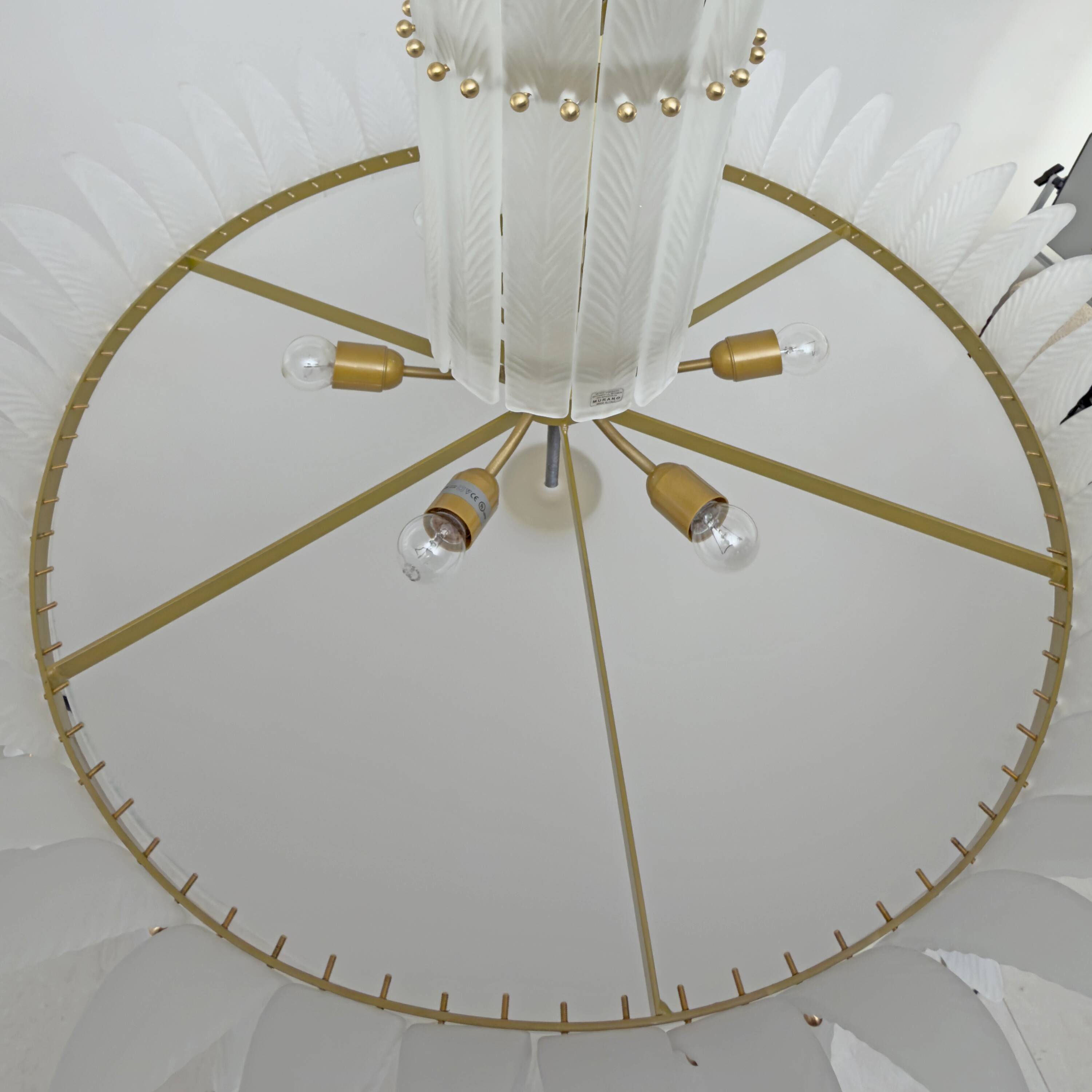 Italian Murano Glass Feather Chandelier with Brass Details