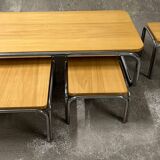 Set of 4 70s nesting coffee tables in metal and solid oak