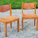 Pair of brutalist chairs in elm and stretched leather with saddle stitching Self publisher