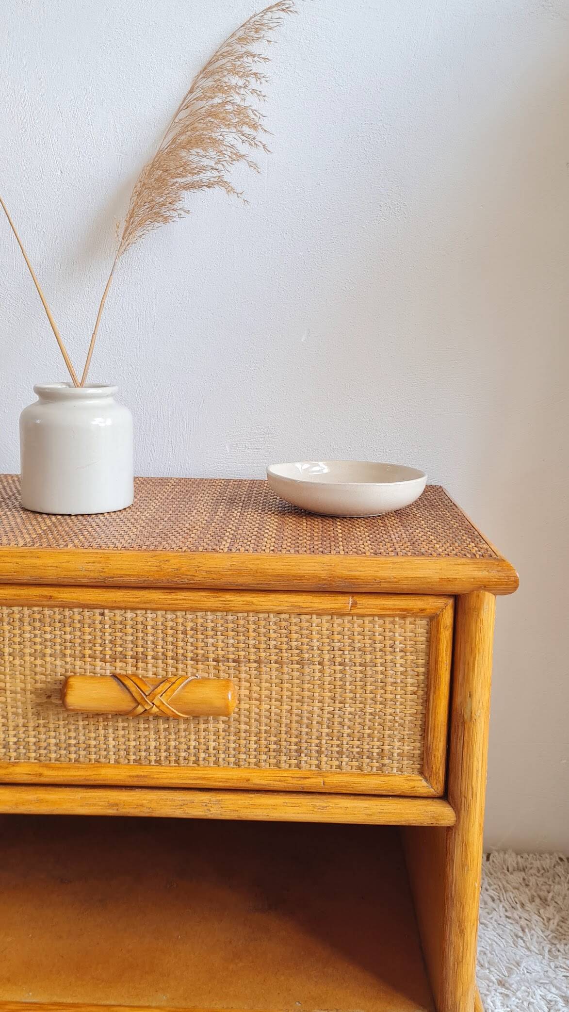 Pair of vintage rattan bedside tables from the 1970s.