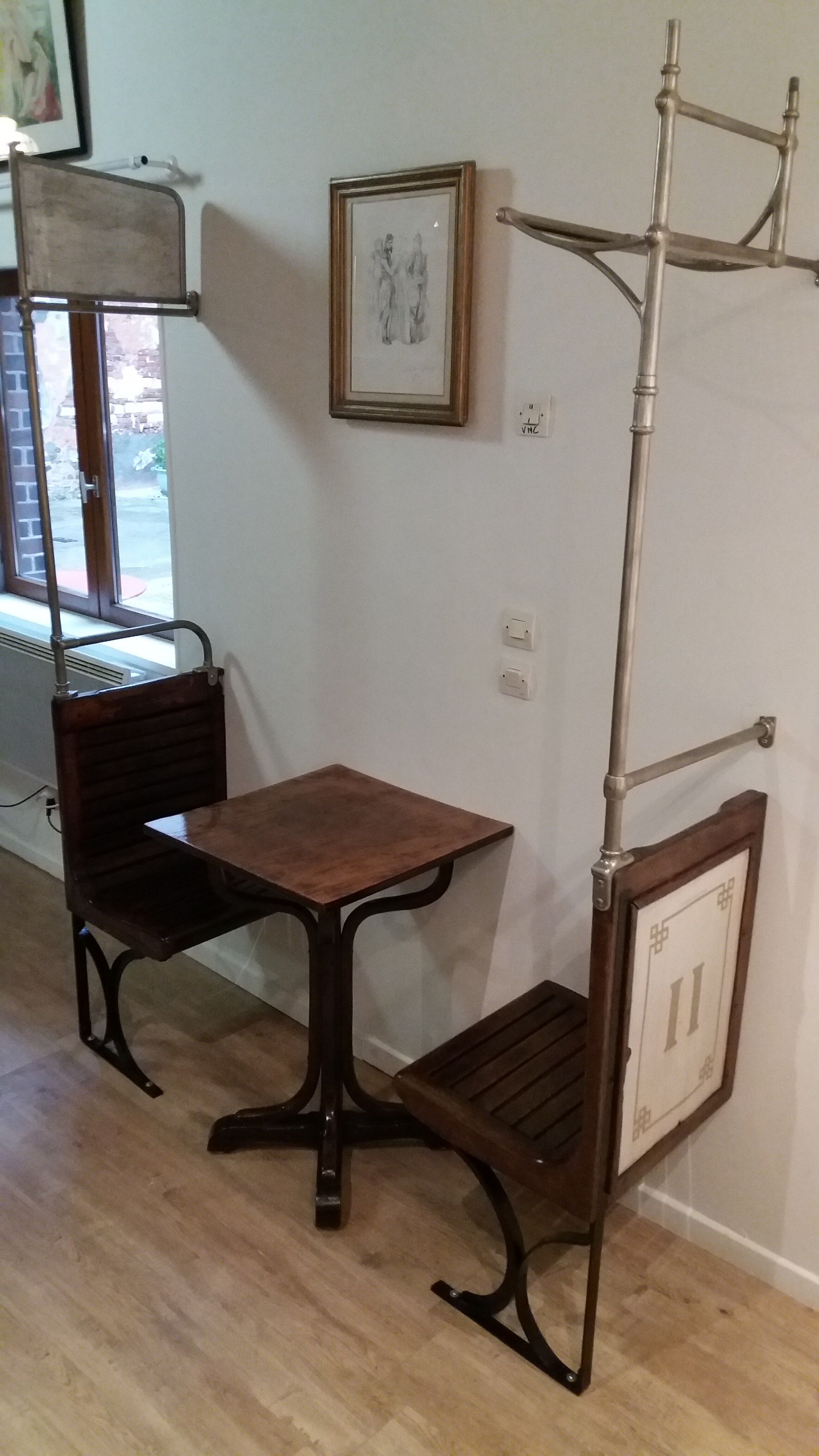 Lot of two wooden subway chairs with table