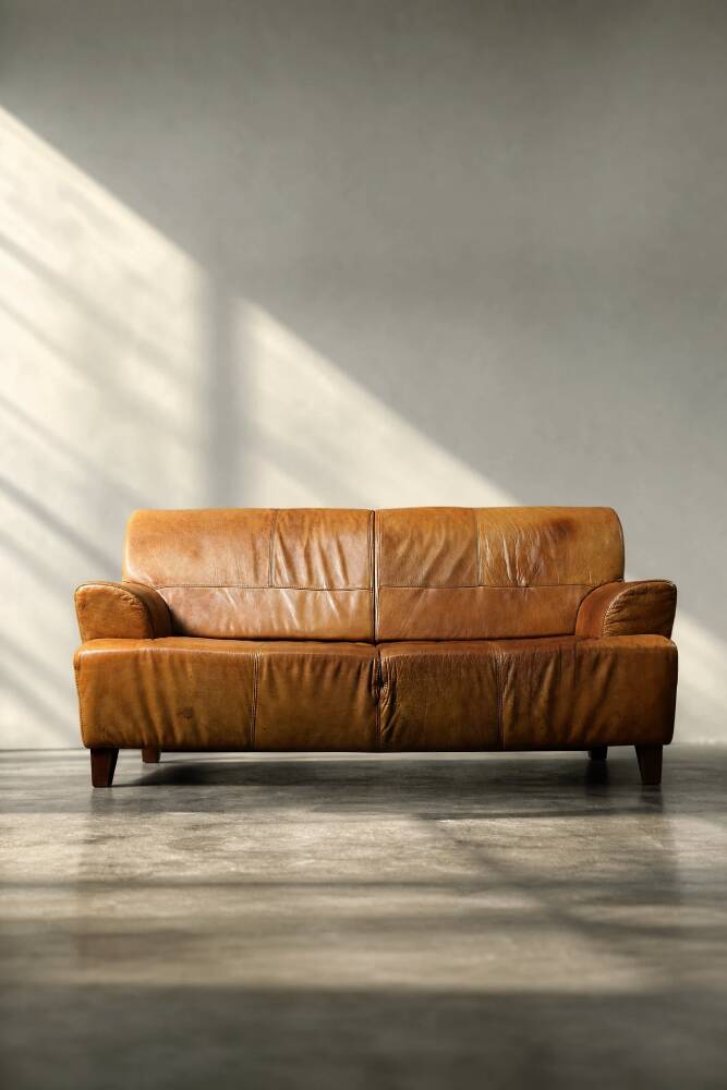 Canapé 3 places en cuir marron industriel vintage des années 1960, style mid-century modern
