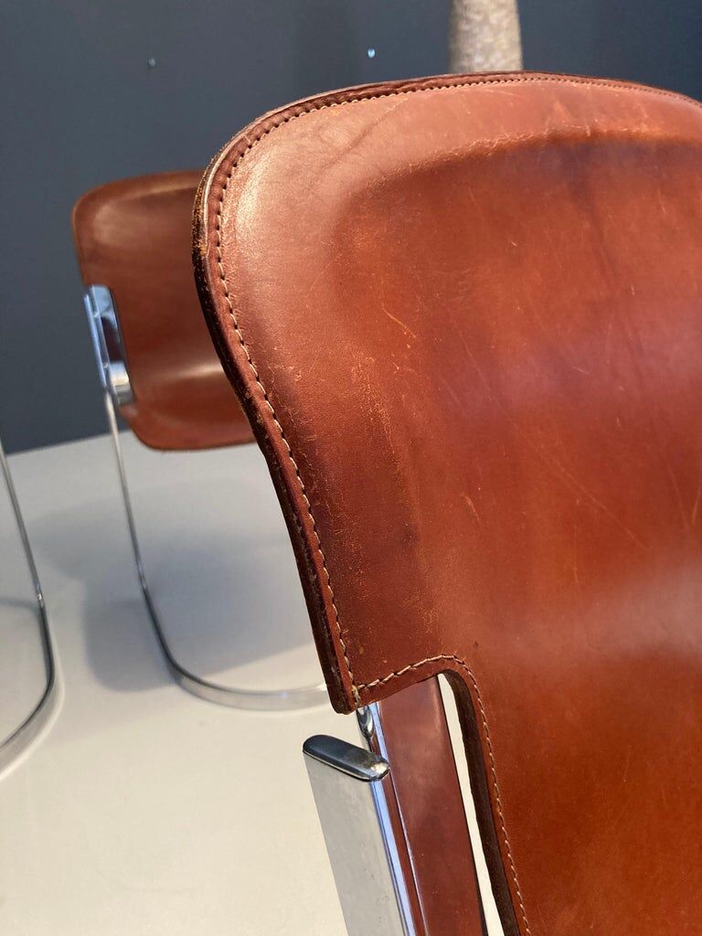 Set of 4 dining chairs in chrome and leather for Cidue Italy 1970