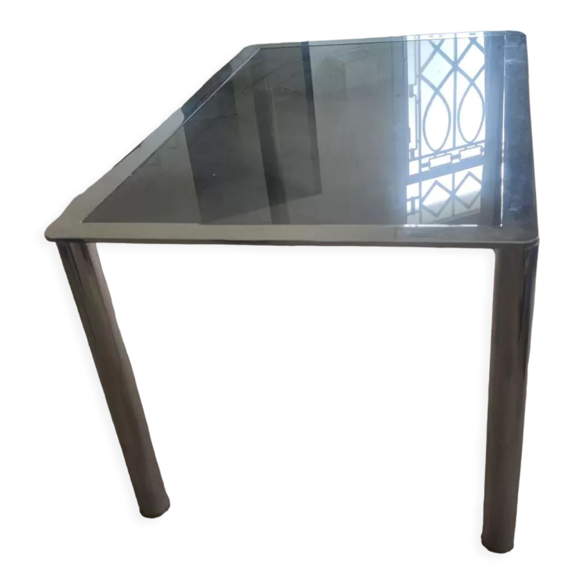 Dining table in chromed steel and smoked glass top, 1969