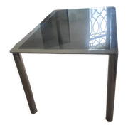 Dining table in chromed steel and smoked glass top, 1969