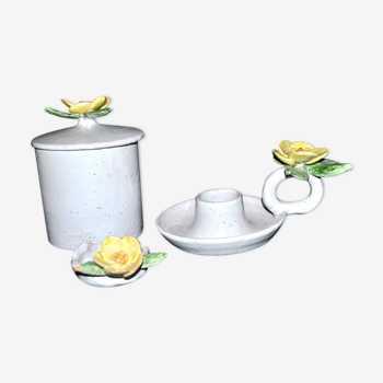 Vallauris - ceramic set: candle holder, tobacco pot, flowers signed ljj laurent jacques juliette 1960