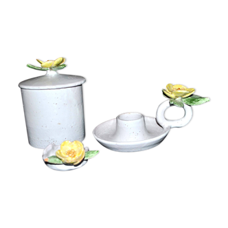 Vallauris - ceramic set: candle holder, tobacco pot, flowers signed ljj laurent jacques juliette 1960