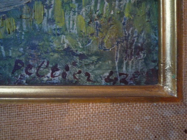 Tableau, paysage sombre de bord de mer, huile sur carton attribuée à Pierre Peltier, 1943