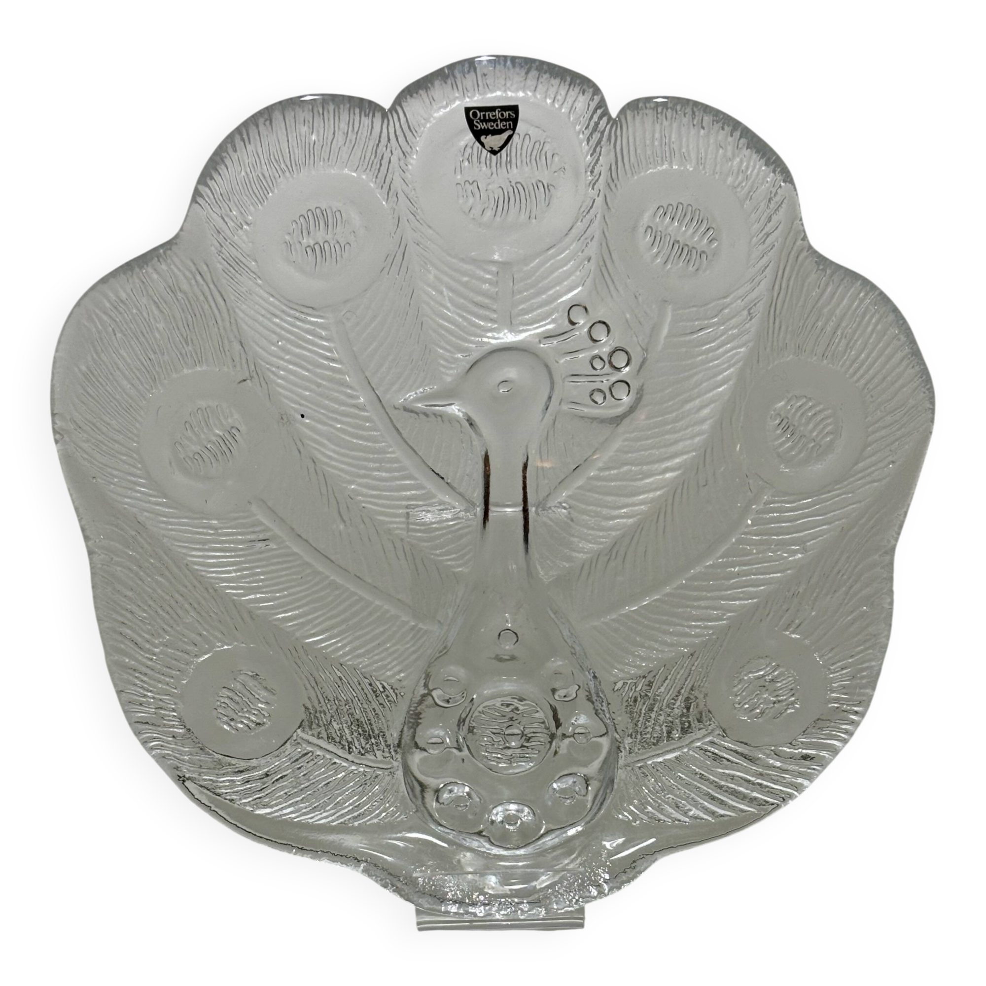 Assiette, Peakcock, verre de cristal, Lars Hellsten, Orrefors, Suède, 1970