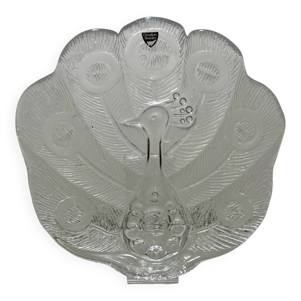 Assiette, Peakcock, verre de cristal, Lars Hellsten, Orrefors, Suède, 1970