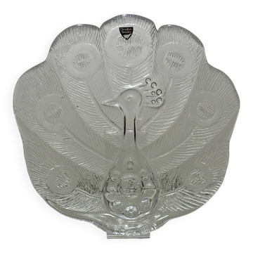 Plate, Peakcock, crystal glass, Lars Hellsten, Orrefors, Sweden, 1970