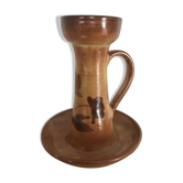 Bougeoir vintage en terre cuite vernissée décor de peinture florale