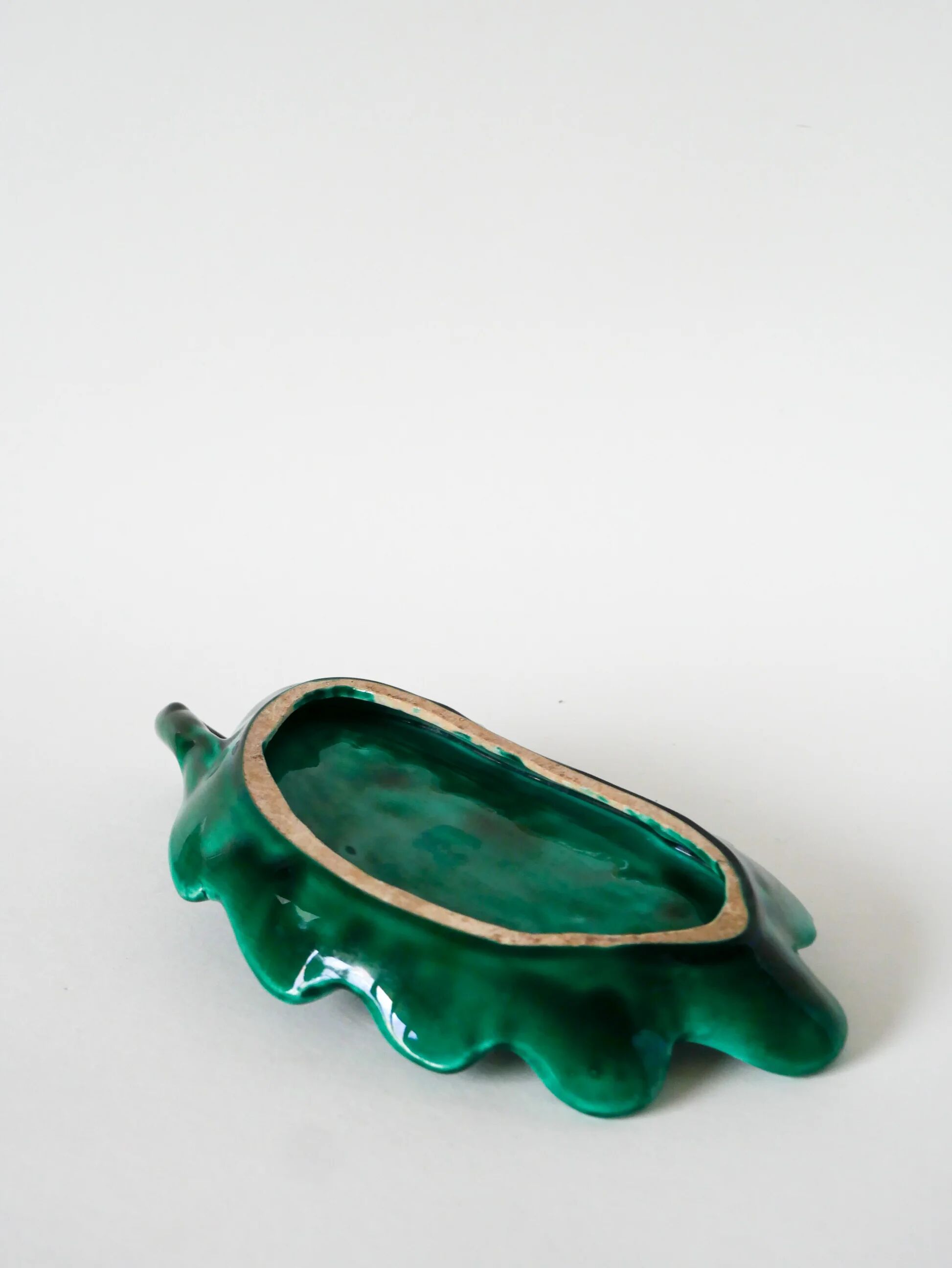 Large earthenware catchall, "Leaf" model, green, design, 1970.