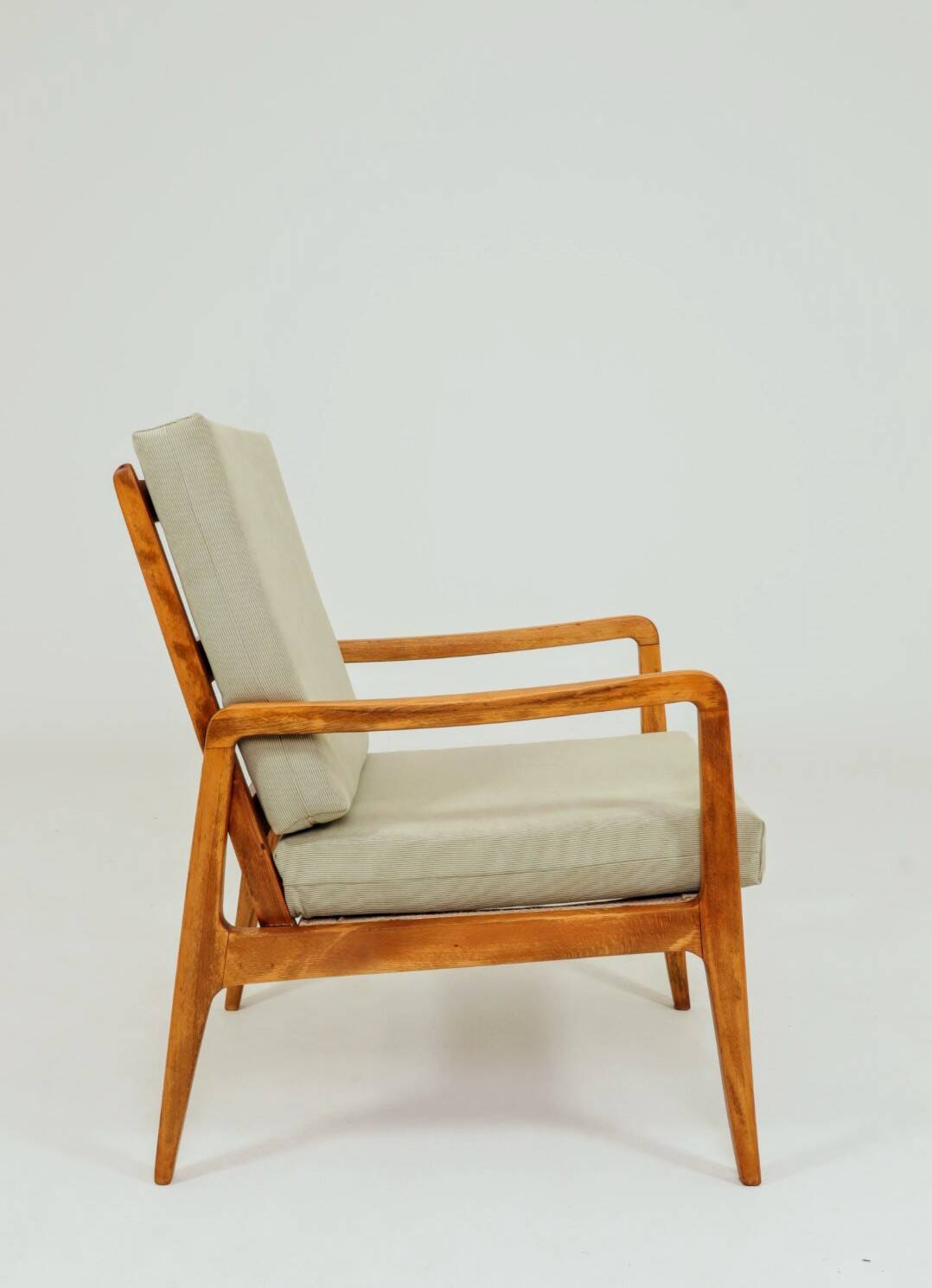 Vintage armchair in khaki corduroy, mid-century modern design from the 1960s.