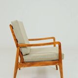 Vintage armchair in khaki corduroy, mid-century modern design from the 1960s.