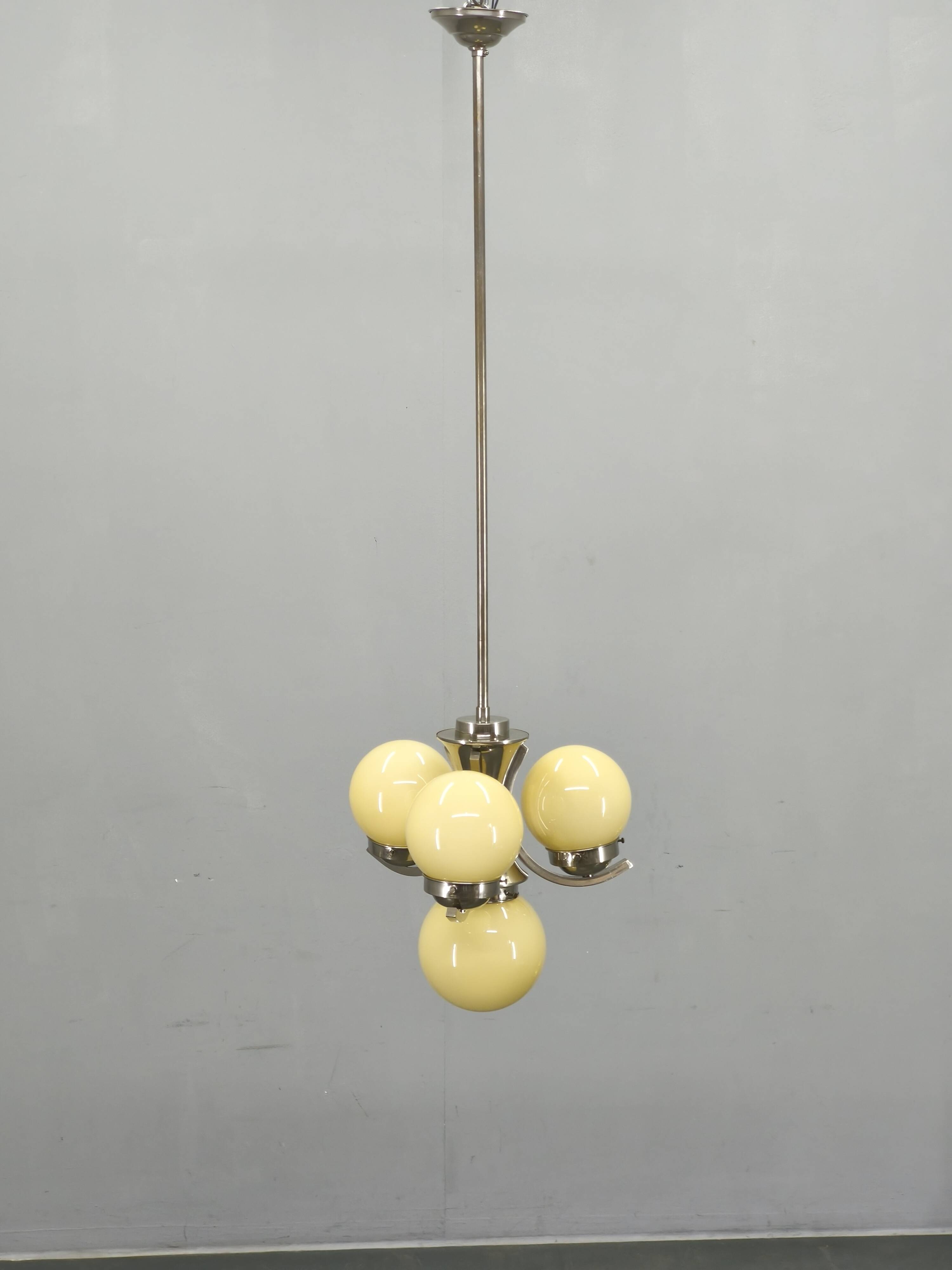 Art Deco Chrome and Opaline Glass Chandelier, 1930s