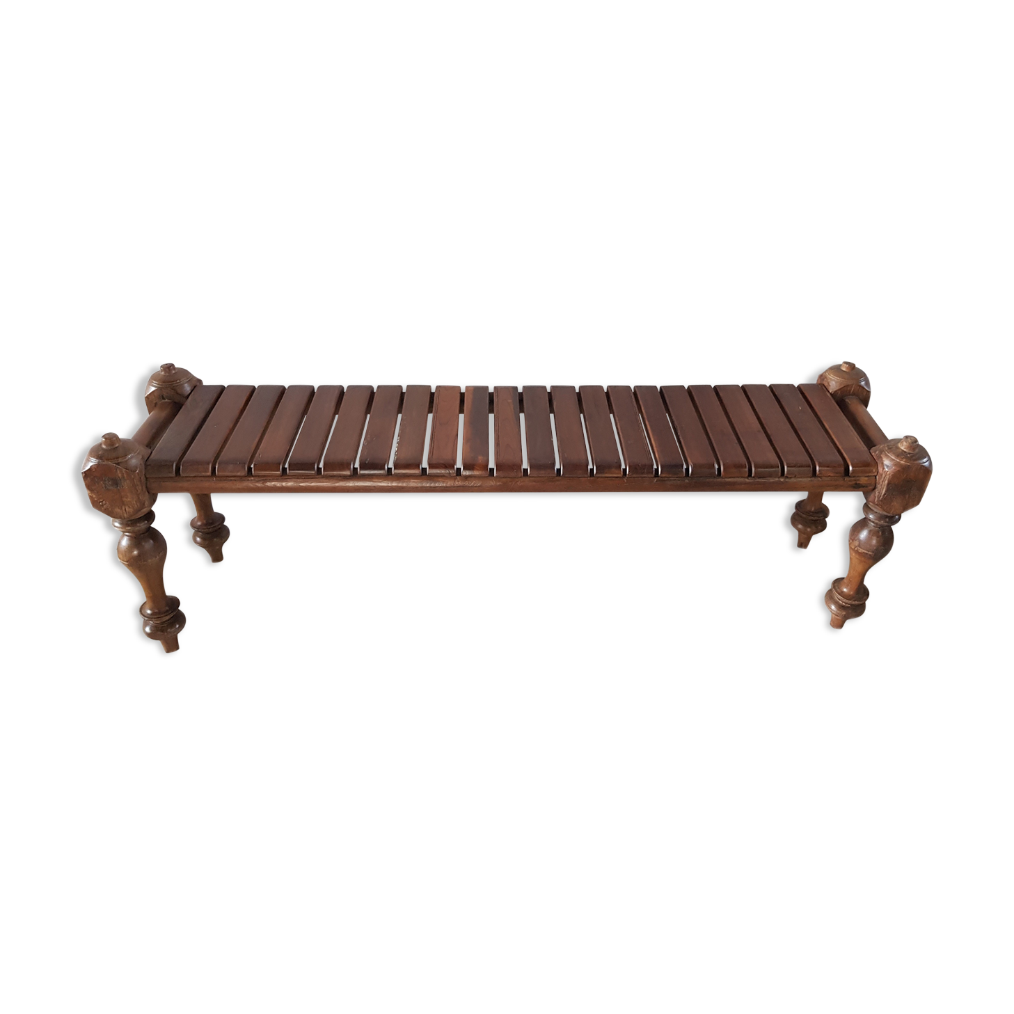 Bench with slats and feet of charpoy beds in teak
