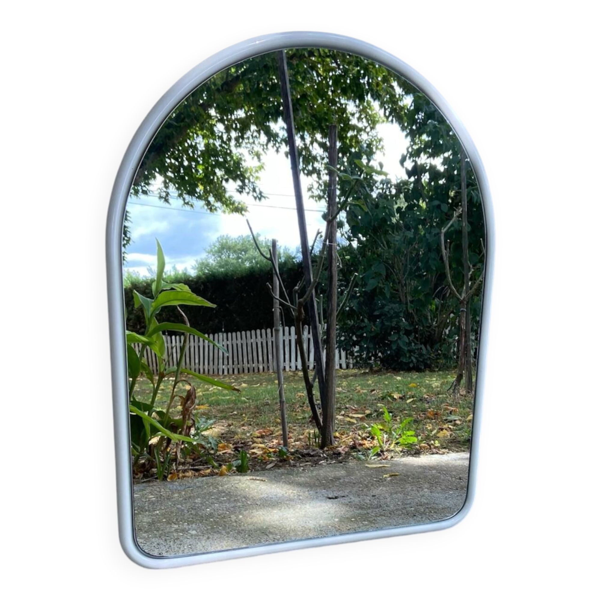 Vintage Space Age mirror / 70s rounded white tubular frame — 71 x 55
