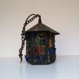 Peter Marsh porch lantern, colored glass, lead and Hammered Sheet metal, 1950s Arts & Crafts