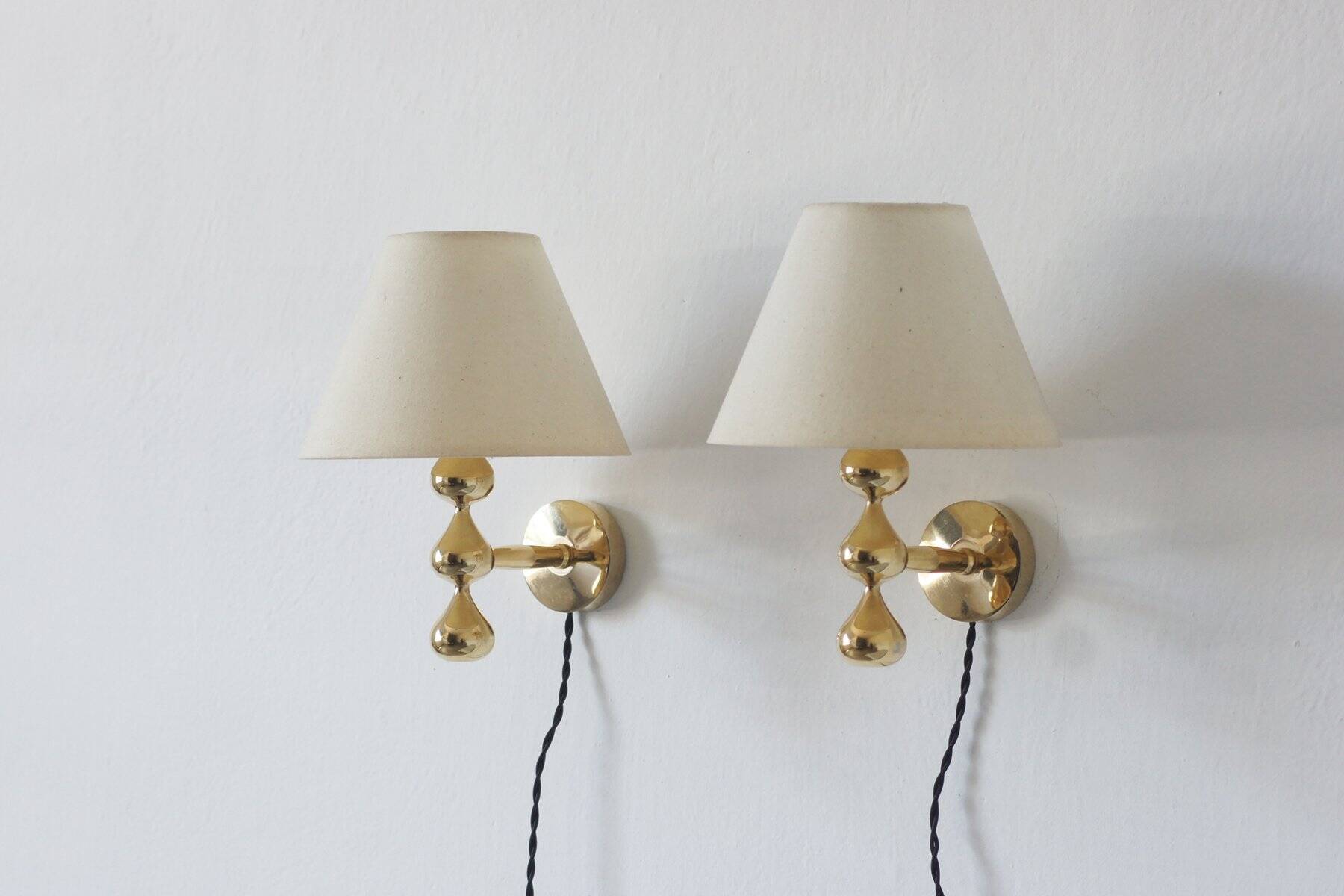 24 carat gold plated teardrop wall lamps by Hugo Asmussen, Denmark, 1970s, set of 2