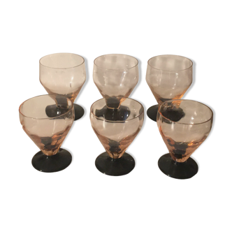 sets of 6 Art Deco pink and black crystal glasses (3 water glasses + 3 wine glasses)