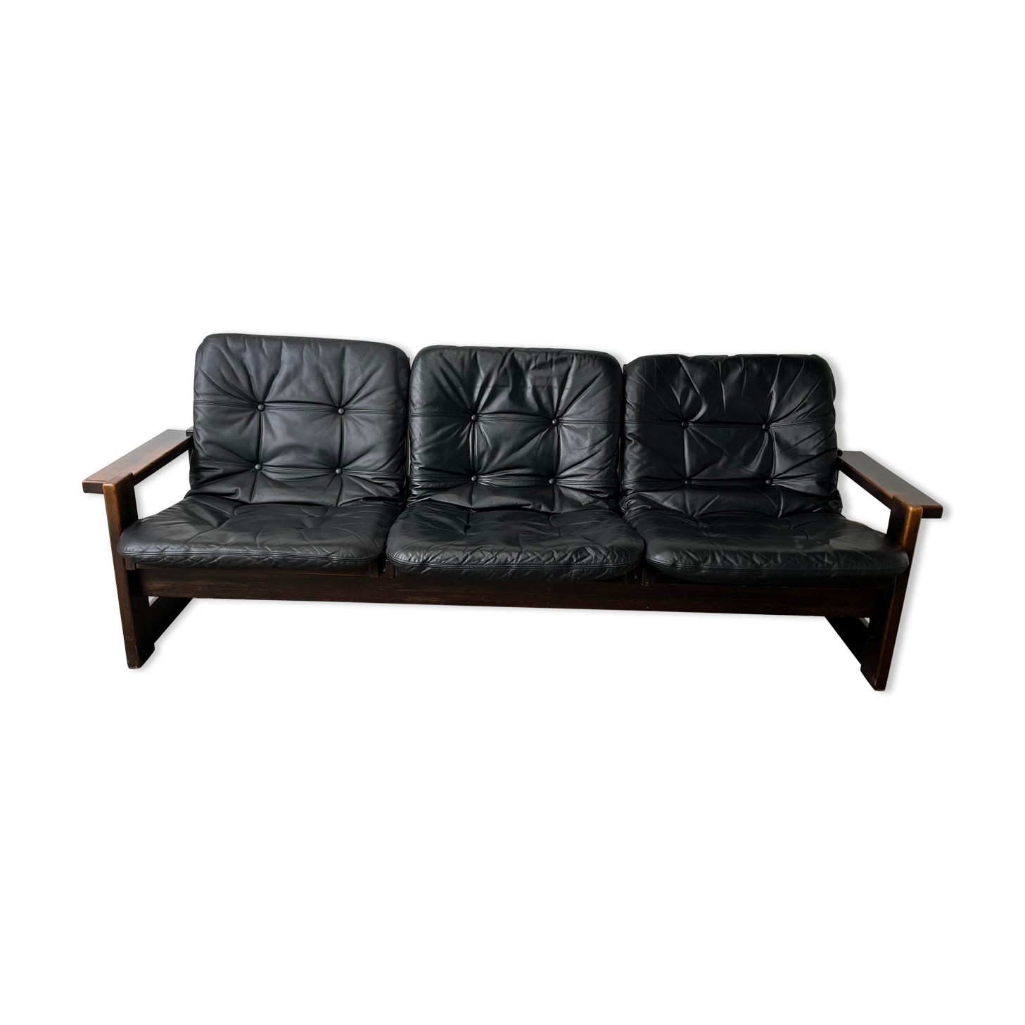 Sofa wood and black leather 60s